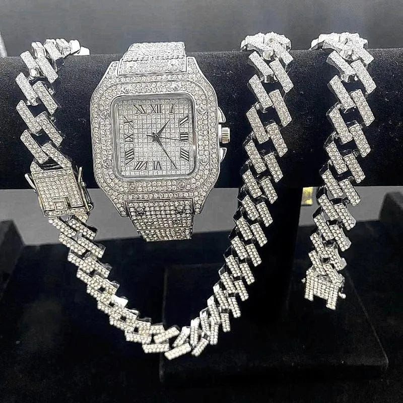 LUXURY ICED WATCH + CHAIN + BRACELET FOR MENS