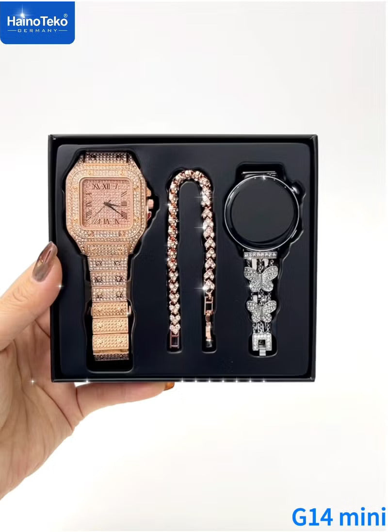 Mini Smart Watch With Stylish Analog Watch Beautifully Designed Bracelet and 3 Pair Straps Designed For Women Gold