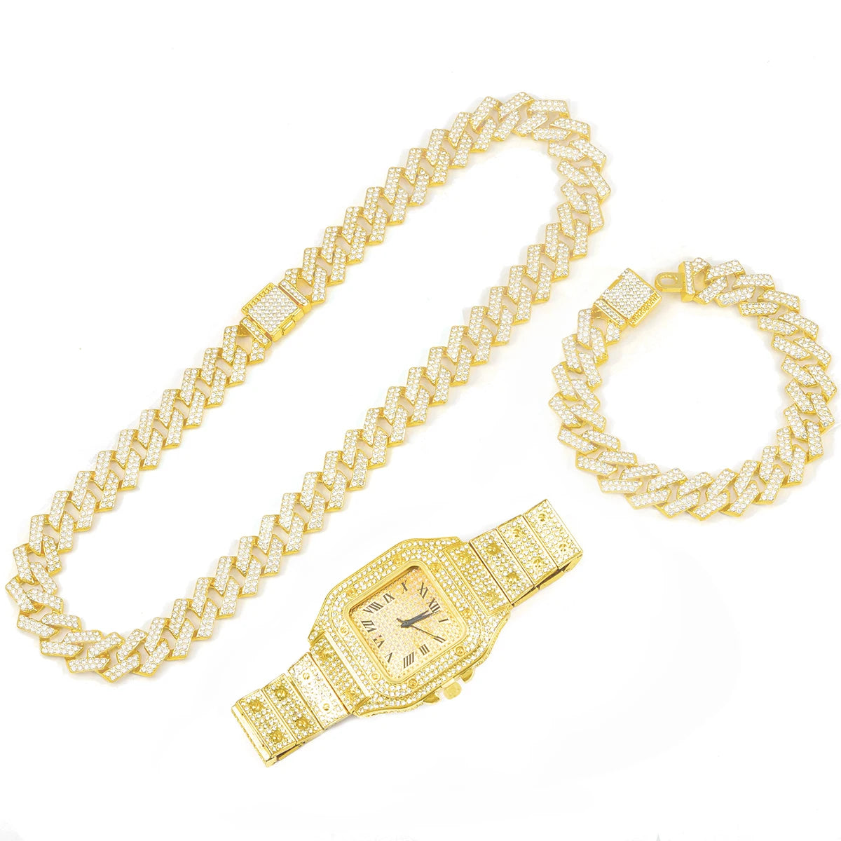 LUXURY ICED WATCH + CHAIN + BRACELET FOR MENS